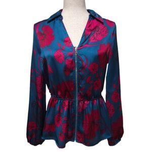 Thalia Sodi Floral Zip Front Peplum Blouse Blue Pink Satin Long Sleeve Small